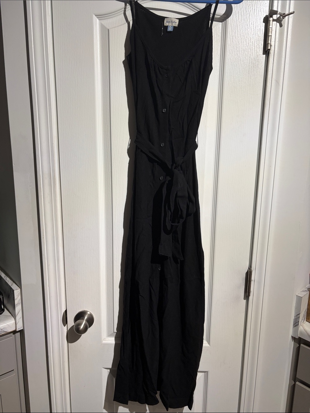 NWOT Yarn and Sea Black Sleeveless Button-Front Maxi Dress with Waist Tie